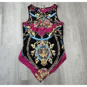CACHE Halter Top M Medium  Gold Chain  Floral Print Top Silk Stretch Vintage